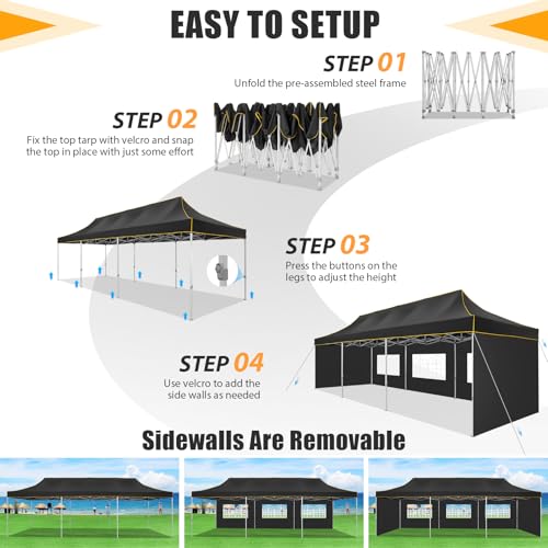 Image of HOTEEL 10x30 Heavy Duty Pop Up Canopy Tent with 5 Sidewalls&Wheeled Bag, Commercial Event Party Tent Wedding Instant Canopy Waterproof, Upgraded Thicked Hexagonal Legs, UV 50+, Black