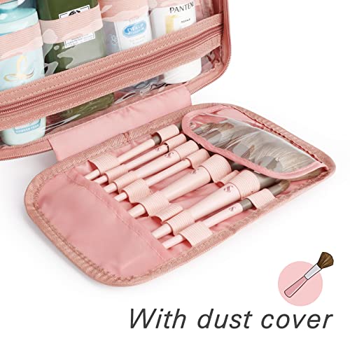 Maxuni Travel Hanging Toiletry Bag, Makeup Bag For Women, Portable Cosmetic Organizer For Brushes Set, Full Size Bottles, Toiletries, Accessories, Pink #TOP5