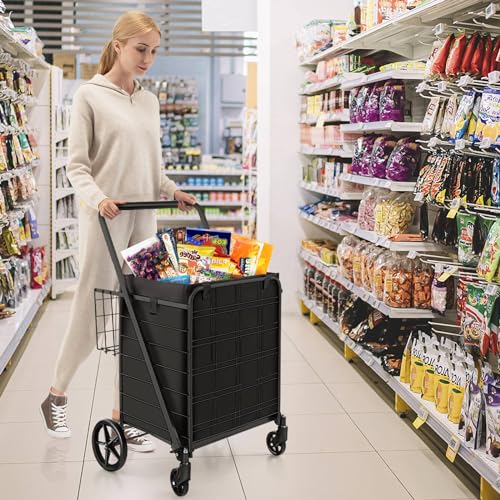 Robuster faltbarer Einkaufswagen mit Rädern, extra Korb und Schaumstoffgriff, Mehrzweck-Schiebe-/Ziehwagen für Wäsche, Supermarkt, Reisen