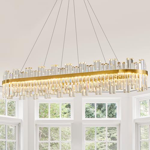 Gold Led Modern Crystal Chandelier,Rectangle Linear Dining Room Chandelier