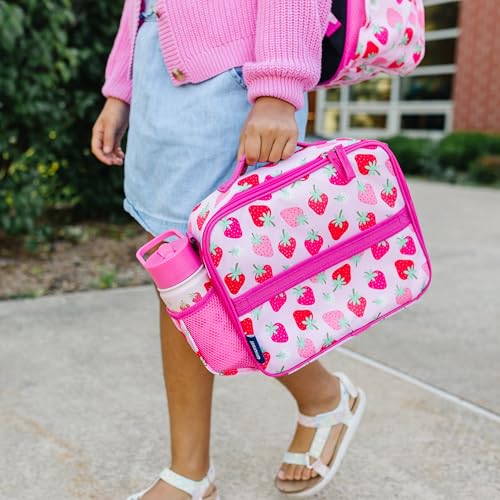 Image of Wildkin Kids ECO rPET Insulated Lunch Box - Keeps Food Hot or Cold, Easy-Clean Lining, Mesh Pockets & BPA-Free - Boys & Girls, Ideal for School, Travel & Daycare - Strawberry