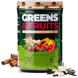 Nutrology Greens & Fruits Powder-Naturally Sourced Superfood, Beet Powder, Mushroom Blend, Probiotics, Digestive Enzymes, Fiber, Antioxidants, Immune Support, Gluten Free - Vanilla Cinnamon