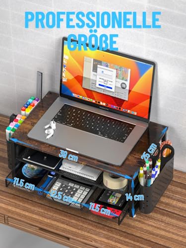 MOWETOO Monitor Ständer mit 2 Ebenen,Druckerständer, Monitorständer mit Gitterplattform, Schublade und Stifthalter, geeignet für Laptop, Computer, PC, Drucker, Beamer bis zu 20 kg (Holzton)