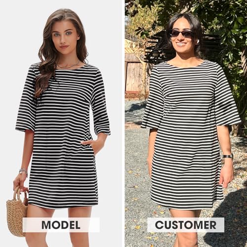 Image of EXLURA Women's Summer T Shirt Dress Casual Short Sleeve Loose Striped Mini Dresses 2026 Vacation Beach Sundress Pockets