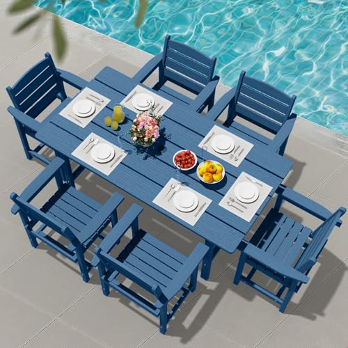 PLUUV Outdoor HDPE Dining Set, 7 Pieces Outdoor Furniture with Large Table& 6 Chairs, All-Weather Patio Dining Set for Lawn, Garden, Backyard, Navy