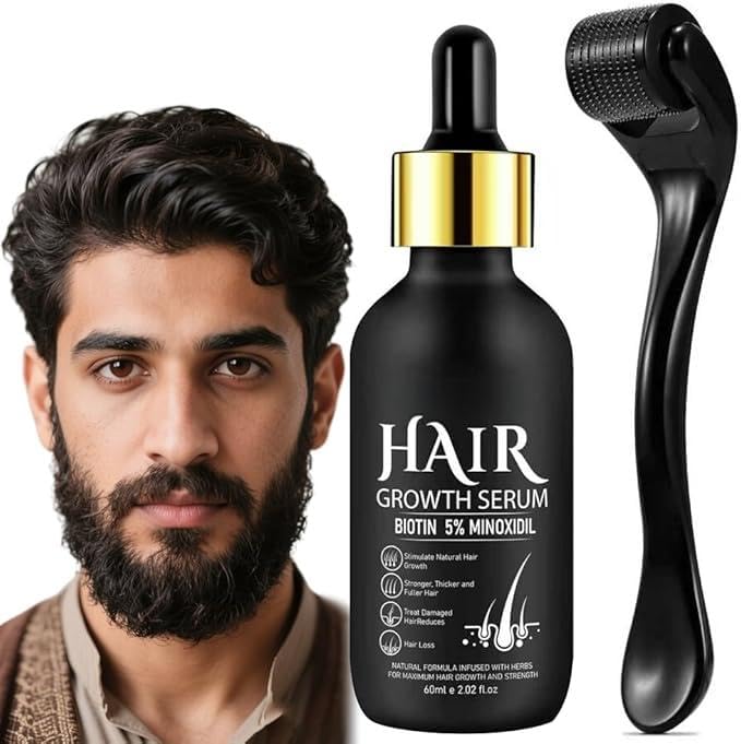 5% Minoxidil Hair Growth Serum Kit With Derma Roller,Minoxidil For Men and Women Hair Beard,2.02 oz Biotin Regrowth Serum Treatment For Getting Thicker Healthier Hair