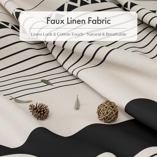 Image of AmazerBath Boho Shower Curtain, Modern Farmhouse Shower Curtain Set with Tassels, Rustic Faux Linen Black Striped Shower Curtain with Hooks, Light Tan Toned, 72x72 Inches
