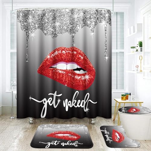 Arttown Bathroom Sets with Shower Curtain and Rugs Set of 4, Lips Glitter