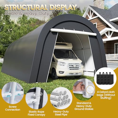 FansaFurn Domed Carport with 4 Cloth Bags, Portable Garage with 2 Roll-up Doors, Heavy Duty Car Canopy Party Tent, All-Season Storage Shelter Shed for Boat, Truck, or Garden Tools, 12\' x 25\'
