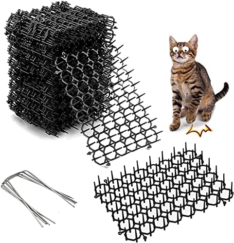 12Pcs Cat Scat Mat with Spikes, Cat Repellant Garden Spikes Cat Dog Prickle Strips Repellent Deterrent Mat with 4 Garden Staples for Home Indoor Outdoor Garden Fence