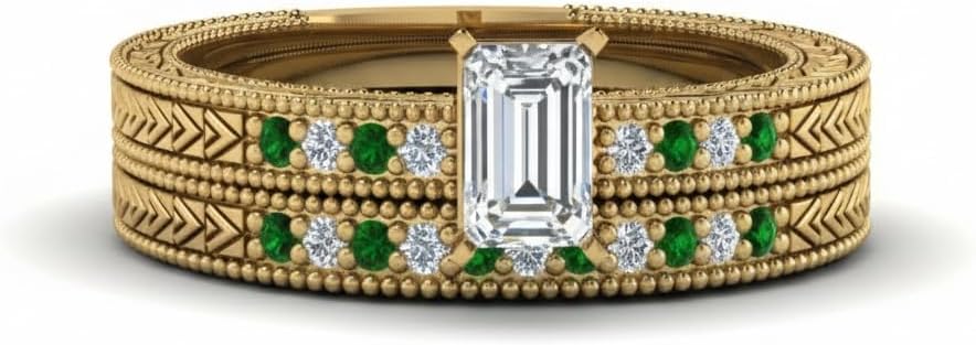Choose Your Gemstone Antique Design Pave Wedding Ring Set Yellow Gold Plated Emerald Shape Milgrain Engagement Rings Minimal Modern Design Birthday Gift Wedding Gift US Size 4 to 12