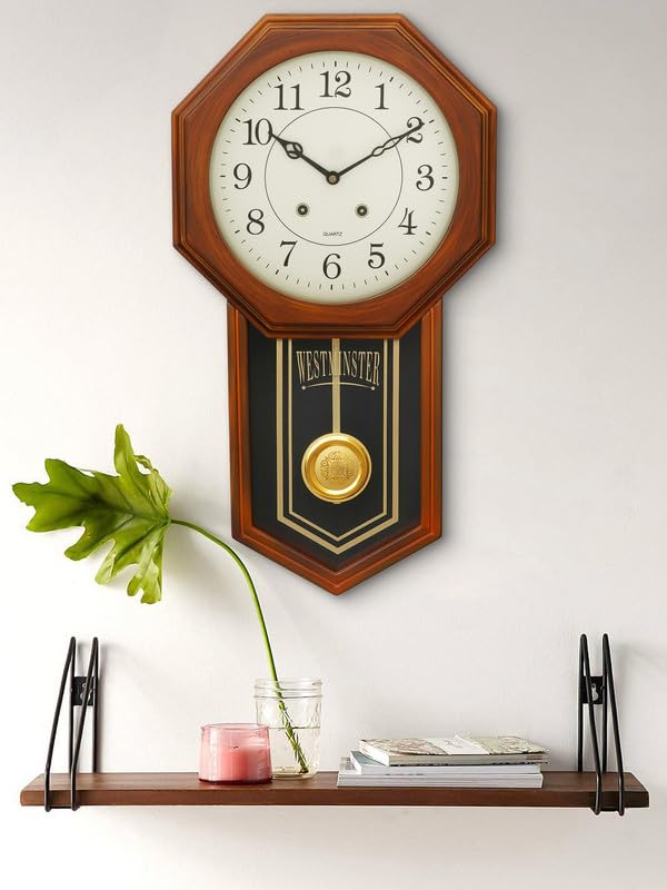 Image of CHRONIKLE Decorative Vertical Pendulum Wooden Case Analog English Numbers Musical Wall Clock for Living Room Home Decor Office Gifts (Size: 31 x 7 x 56.6 CM | Weight: 1825 Gram | Color: Brown)