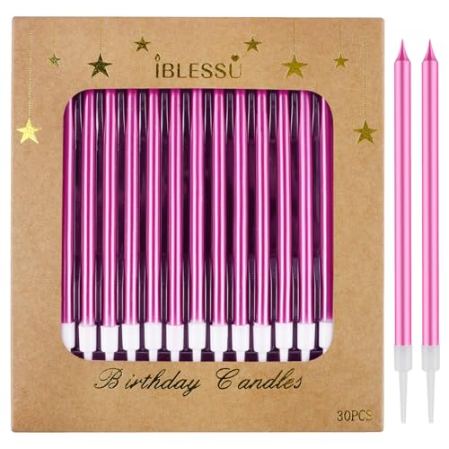 30 PCS Pink Long Birthday Candles, Thin Metallic Cake Candles, Tall Glitter Cuppcake Candles in Holders for Birthday Wedding Party Decorations