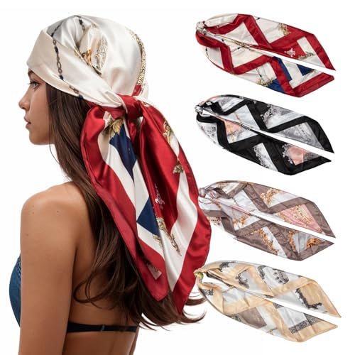 RIIQIICHY 35 Inch Head Scarf for Women Like Silk Scarf Hair Scarf - 4 PCS Square Scarf Bandanas for Women Brown/Dark Blue/Red/Green
