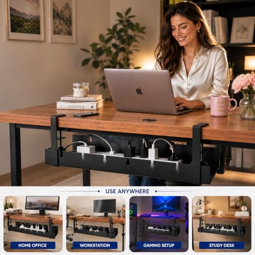 Image of Qelvi Premium Heavy Duty Cable Management Tray (30-55 cm) | Adjustable Desk Cable Organizer for Wire Management, Extension Board & Router | Carbon Steel | Matte Black | 1 Year Warranty