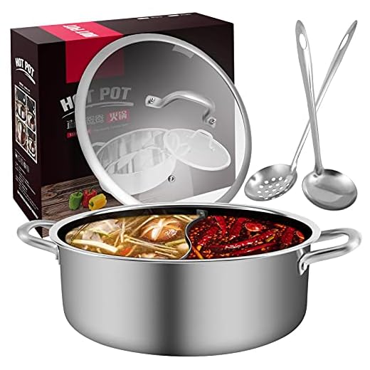 Panghuhu88 11inch Hot Pot with Divider Lid Stainless Steel Shabu Shabu Pot for Induction Cooktop Gas Stove Kitchen Cooker, Dual Sided Soup Cookware with 2 Soup Ladles