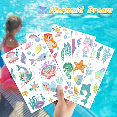Temporary Tattoos Mermaid for Kids, 80+ Metallic Foil Style Bronzing Fake Tattoos, 4 Sheets Glitter Tattoos, Birthday Party Supplies, Easter Present, Ocean Animal Stickers for Boy and Girls