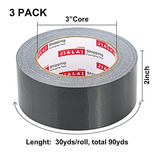 Jialai Home 3 Pack Heavy Duty Black Duct Tape, 2 Inches X 30 Yards, 8.27 Mil, Strong, Flexible, No Residue, All-Weather And Tear By Hand - For Repairs, Industrial, Professional Use #TOP1