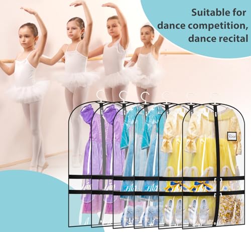 SLEEPING LAMB 6 Packs Clear Dance Garment Bags for Dancers with 4 Pockets, 40\" Kids Dance Costume Garment Bag for Travel and Dance Competition, Hanging Clothes Storage for Dress, Uniform, Black