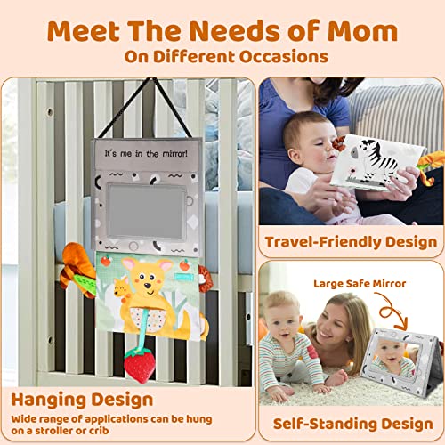 Tummy Time Baby Toys 0-3-6-12 Months Old,Newborn,Infant Mirror Brain Development Visual Stimulation Toys With Teether,Picture Frame For Boys/Girls,Educational Montessori Sensory Crinkle Soft Books #TOP5
