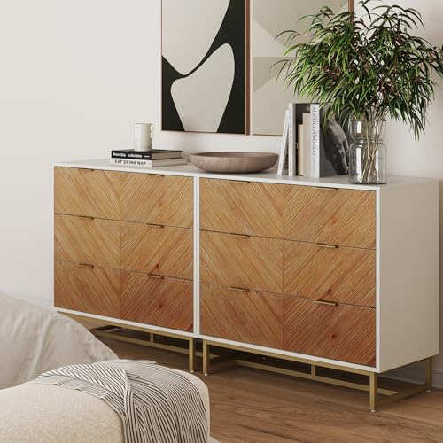 Image of Nathan James Enloe Boho 3-Drawer Dresser for Bedroom, Wood Dresser with Deep Drawers, Metal Legs and Drawer Pulls, White, Set of 2