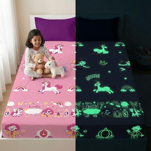 Image of Famyo Glow in The Dark Blanket & Fitted Bedsheet Combo for Kids | 0-15 Years, 200x152 cm Queen Size, Soft Flannel Fleece Throw, Soft 300 TC Cotton Bedsheets, Cozy & Warm All-Season Radium