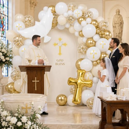 Image of 132Pcs God Bless Baptism Decorations Kit White Sand White and Gold Balloon Garland Arch with Dove Cross Foil Balloons for First Holy Communion God Bless Christening Baptism Birthday Party Supplies