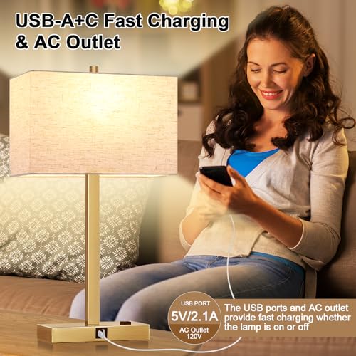 Image of Lynnoland 21 inch Set of 2 Table lamp with USB A+C & AC Outlets, Touch Control 3-Way Dimmable Nightstand Lamps for Living Room Bedroom Office Reading, Linen Shade Touch Lamps, 3000K LED Bulbs Included