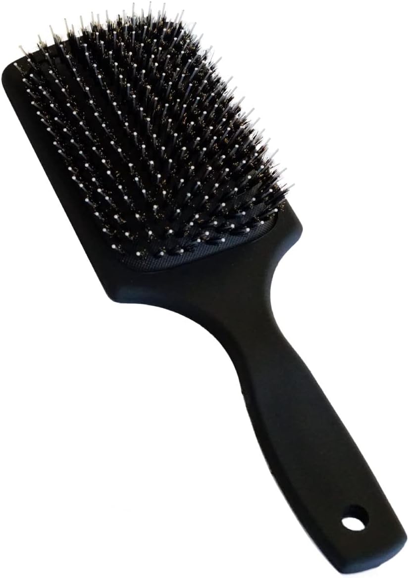 Everlong Hair Boar Bristle Brush, Black, Adds Shine & Promotes Hair Growth, Scalp Massage & Detangling, Safe for All Hair Types Extensions & Wigs, Matte Black Coated Ergonomic Handle