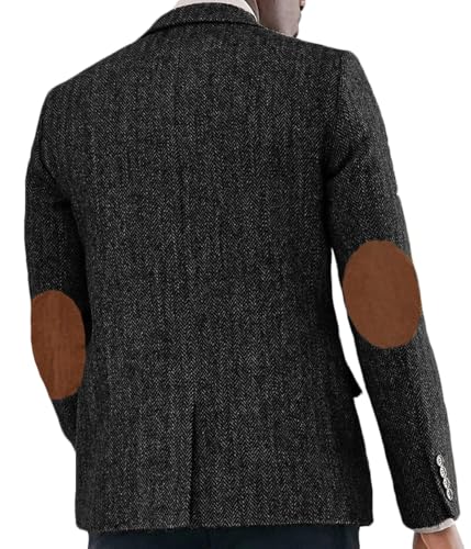 Men‘s Herringbone Blazer with Faux Suede Elbow Patches Textured Tweed Sport Coat Vintage Academic Casual Jacket Dark Gray 2XL