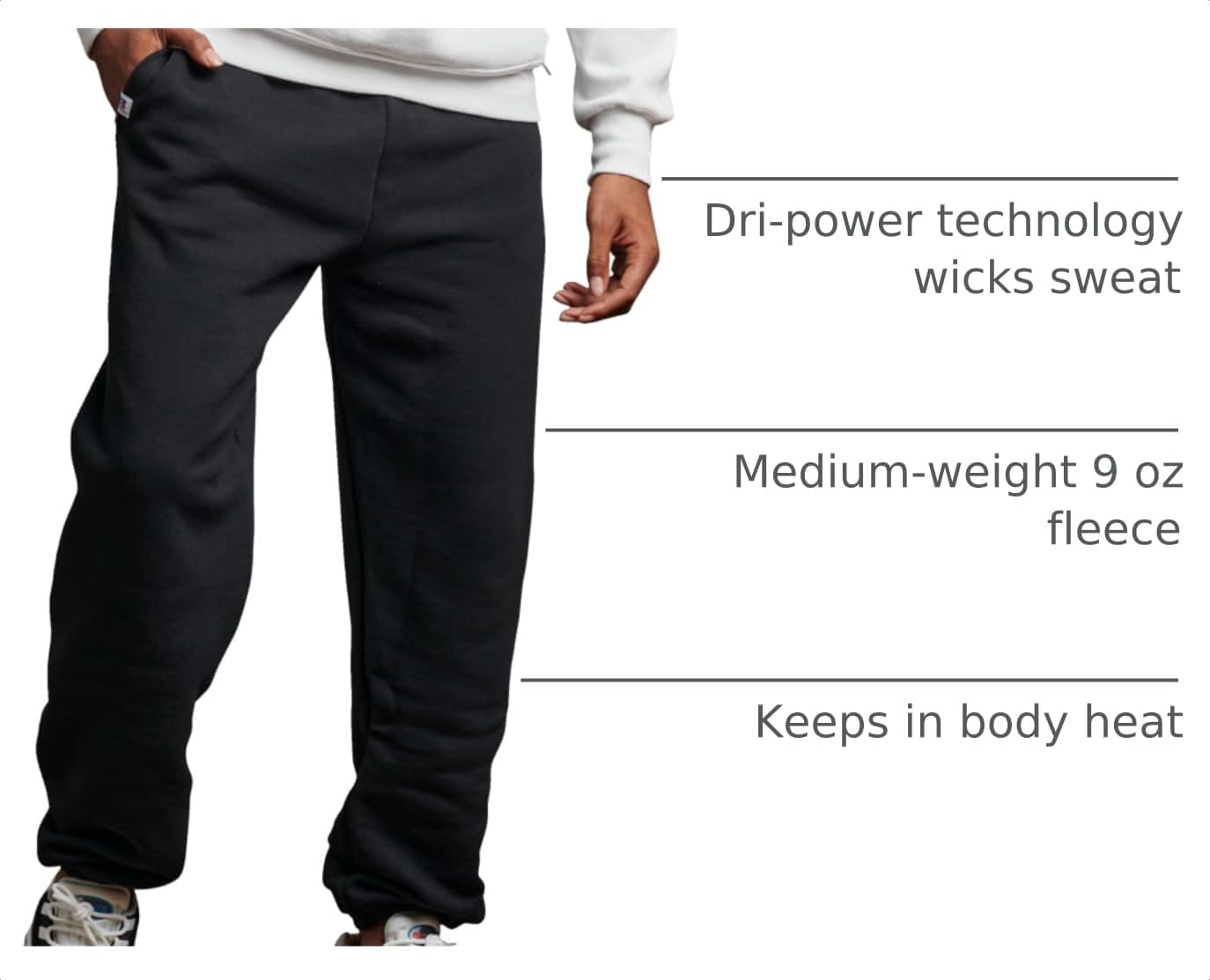 Russell Athletic Men's Dri Power Fleece Elastic Bottom Sweatpants, Relaxed Fit, Moisture Wicking, with or Without Pockets
