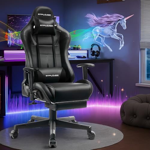 GTPLAYER Gaming Chair with Speakers, Video Game Chairs with Footrest for Adults, Ergonomic Computer PC Gamer Reclining Chair by GTRacing (Dark-Black)