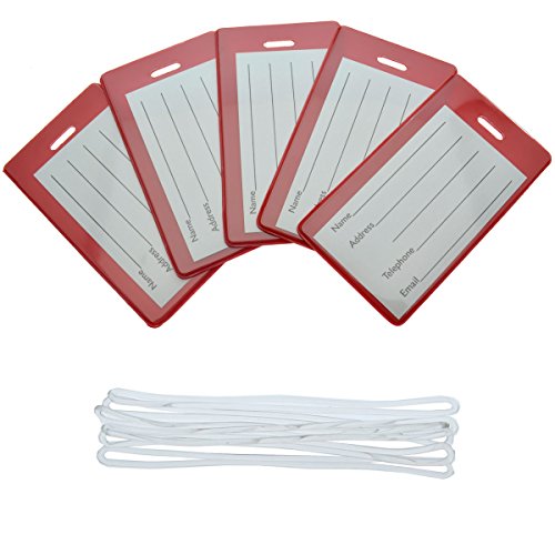 5 Pack - Slim And Sturdy Flexible Backpack & Airline Luggage Id Bag Tags - Business Card Holders - With Secure Plastic Worm Loop Straps By Specialist Id (Red) #TOP5
