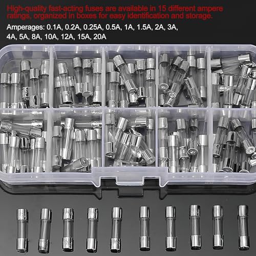 150 Stück Feinsicherungen Sortiment 15 Werte Flink 5x20mm 250V Glasrohrsicherung Schnellschlag Glas Sicherung Set im Kunststoffkoffer Auto Haushalt Elektronik Ersatzteile Kit