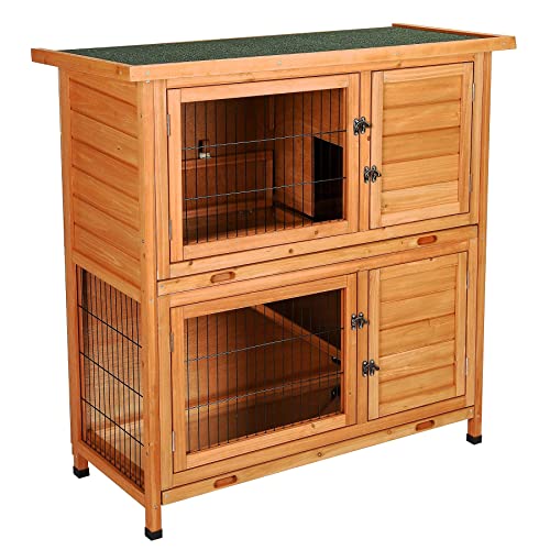 Snugens 2 Story Wooden Rabbit Hutch, Indoor Bunny Cage Chicken Coops Guinea Pig House Hamster Accessories, Nature Color With Ladder Fence Door Pull Out Tray For Little Small Animals #TOP7