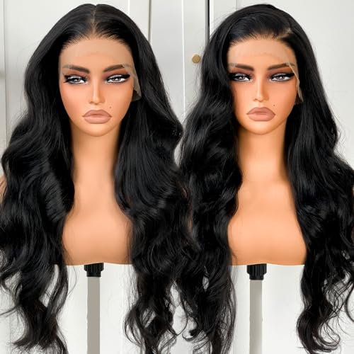 BlackSwern HD 13x6 Synthetic Lace Front Wig Pre-Plucked, Jet Black 26inch Body Wave Lace Frontal Wigs 200 Density for Black Women, Pre-Plucked PLUS 1.5’’ Hairline