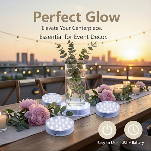 Simplelight 4 Inch Round LED Light Base- Perfect for Glass Art, Ideal Led Display for Vases, Centerpieces-AA Batteries Included (4inch Round Vase Base Light, White), Set of 4 by Simplelight4you - Image 2