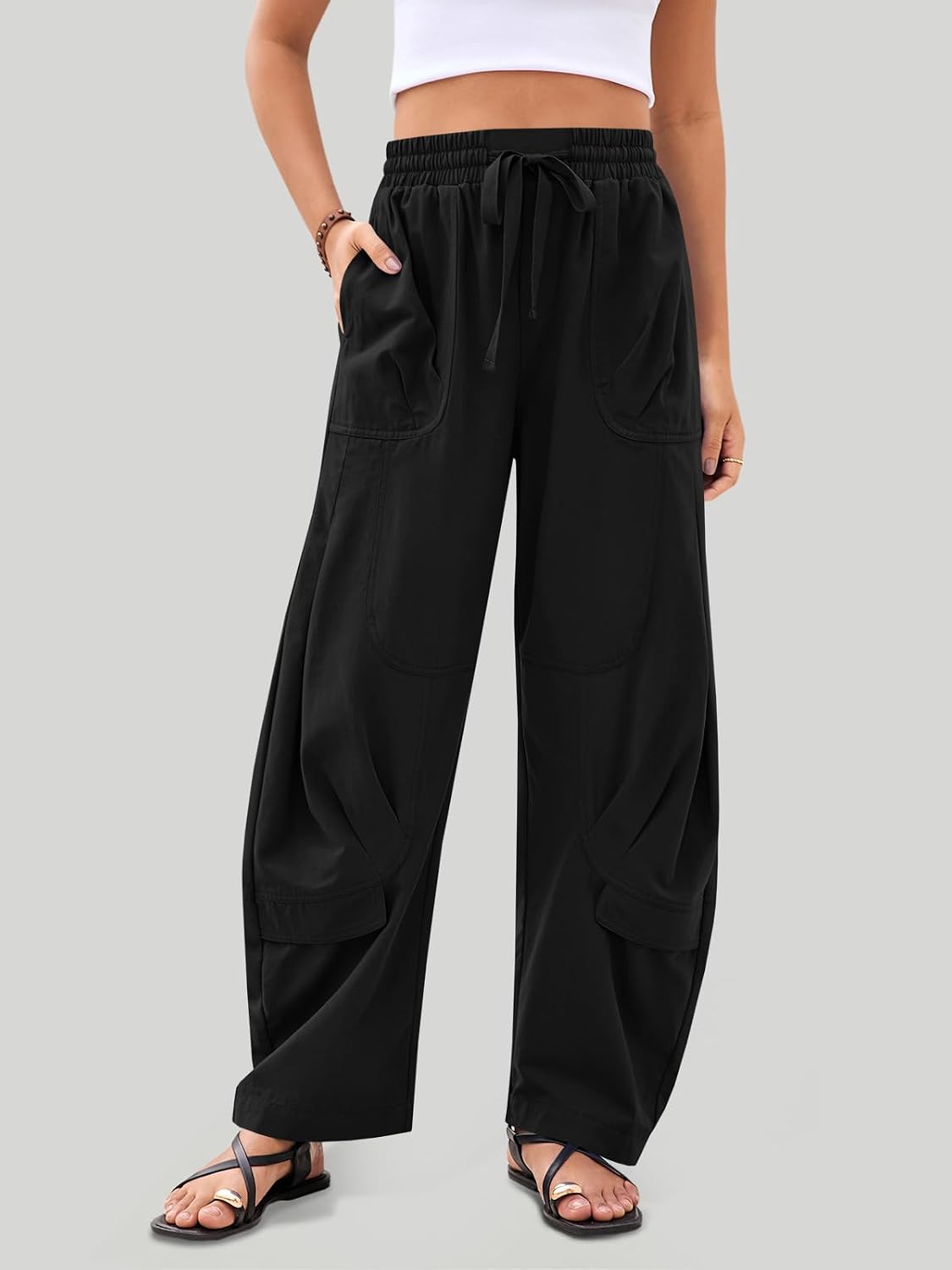 Aoysky Womens Baggy Barrel Wide Leg Pants Drawstring Elastic High Waisted Casual Loose Trousers Pockets