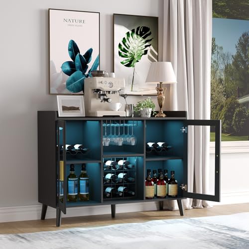 Garvee Modern Wine Bar Cabinet with LED Light, Wood Kitchen Coffee Bar Home Liquor Cabinets with Glass Holder, Doors and Wine Racks Buffet Sideboard with Storage for Living Room by Garvee - Used condition - US$136.54