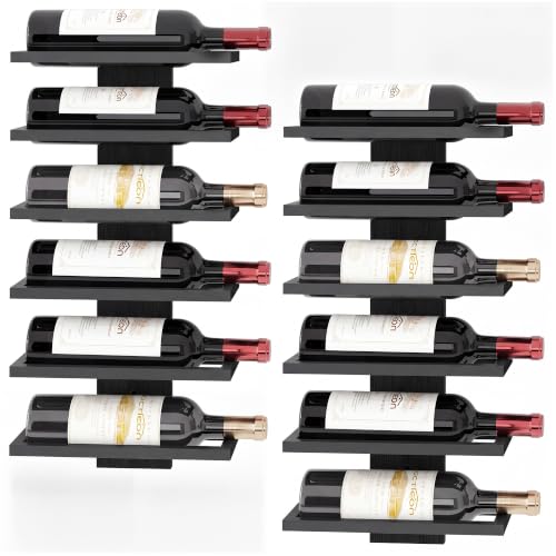 Image of Hoctieon 2-Set 6 Tier Wall Mount Wine Rack, Wall Mounted Wine Bottle Racks for Display and Storage, Hanging Bottle Holder, for Living Room, Dining Room, Bar, Wine Cellar, Black