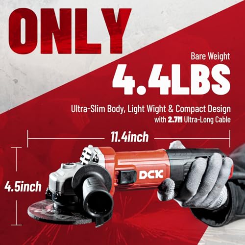 DCK 9.2 Amp Angle Grinder, 4-1/2 Inch Electric Grinder Power Tool, 11800 RPM, Auxiliary Handle and 2 Safety Guards, 6 Piece Discs, Copper Angle Grinder for Cutting, Grinding, Polishing (KSM17-115B) - Image 6