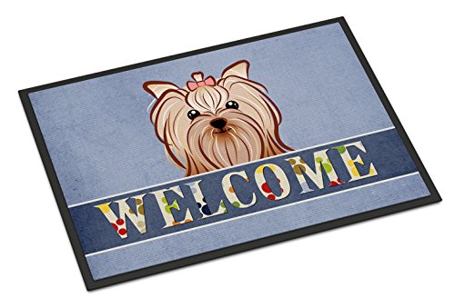 Caroline's Treasures BB1390MAT Yorkie Yorkishire Terrier Welcome Doormat 18x27, Blue Front Door Mat Indoor Outdoor Rugs for Entryway, Non Slip Washable Low Pile, 18H X 27W