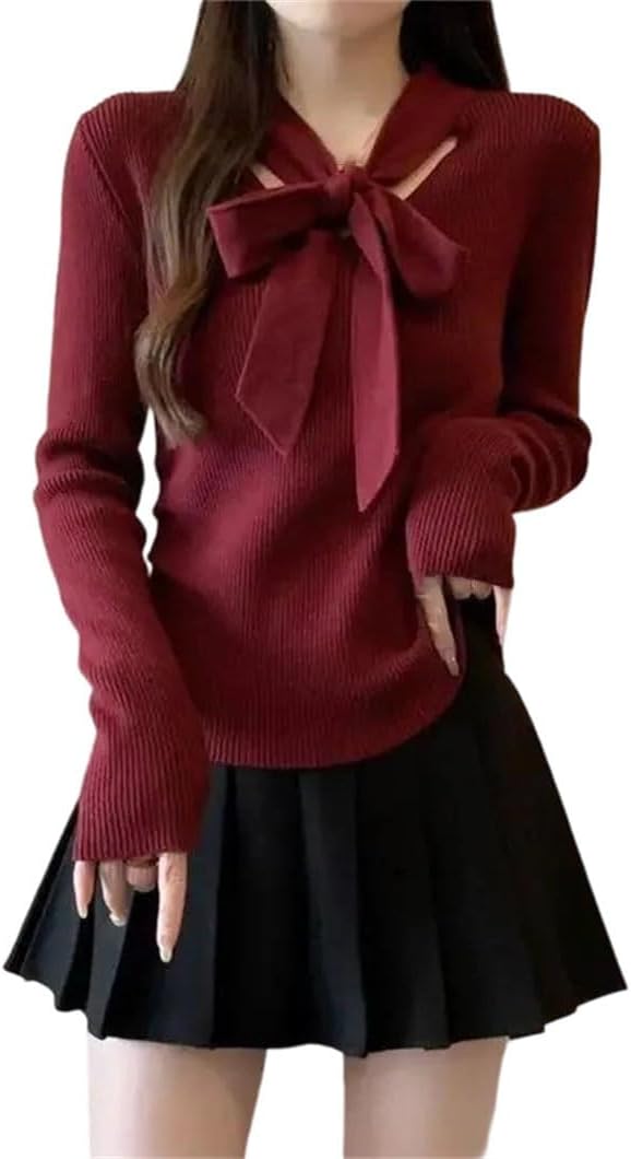 Women's O-Neck Sweater with Bow Knot Fall Winter Fashion Inner Wear Long-Sleeved Knitted Tops