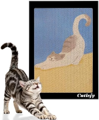 Wall Art Cat Scratcher, Decorative Vertical Cat Scratching Board, 17x12 Framed Cardboard Scratch Pad with Renter-Friendly No-Drill Wall Mount, Indoor Cat Toy & Furniture Protector(Stretching Kitty) 1