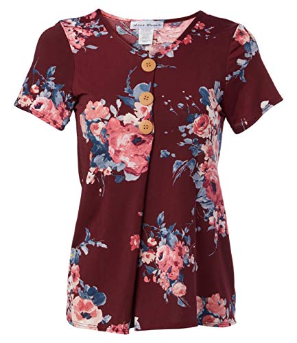 Star Vixen Women's Petite Short Sleeve Button Front Flowy Top with Pleated Detail, Burgundy/Floral, PL