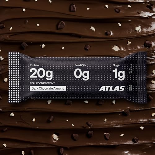 Image of Atlas Real Food High Protein Bars - 20g Protein, 1g Sugar, Clean Ingredients, High Fiber, Low Sugar Snack Bar, No Seed Oils, No Artificial Sweeteners (Dark Chocolate Almond, 12 Count)