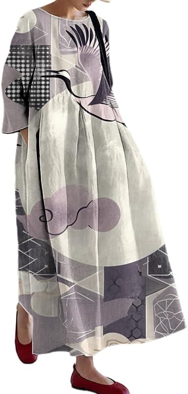 domirica Womens Maxi Dress Plus Size Chinese Painting Japanese Print Vacation Casual Crew Neck Sun Dress