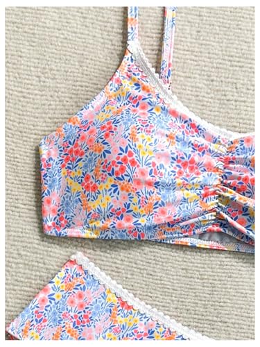 Girl's 2 Piece Floral Lace Bathing Suit Ruched Wireless Padded Swimsuit Cute Vacation Beachwear3