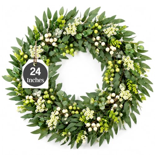 24 Inch Olive Wreath for Front Door, Artificial Olive Leaf Greenery Decor