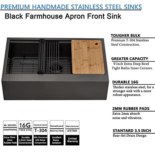 Image of SHACO 33 Inch Black Farmhouse Sink, 33x20 Gunmetal Black 16 Gauge Stainless Steel Single Bowl Workstation Flat Apron Front Farm Kitchen Sink with Cutting Board
